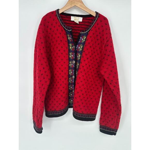 Vintage Tally-Ho Nordic Cardigan Sweater Women's M Red Boiled Wool Artsy Floral - Picture 1 of 11